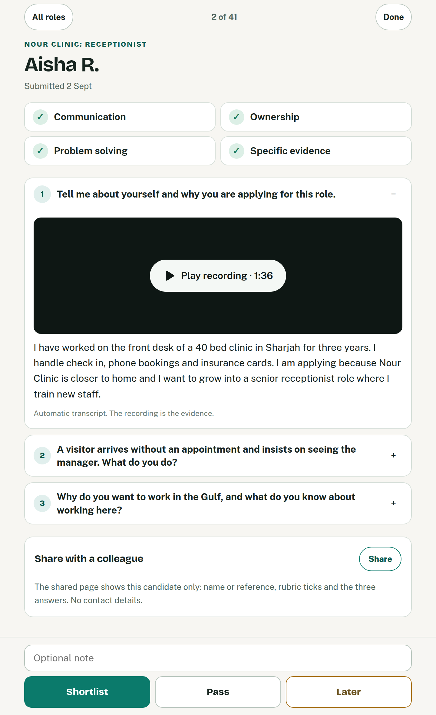 A completed work sample report with candidate details blurred